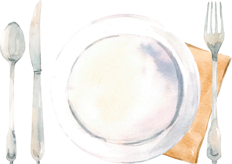 watercolor, cutlery, plate with spoon, fork and knife